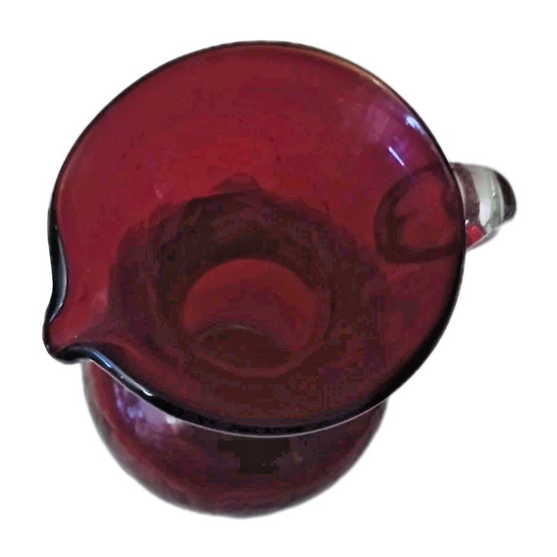 Ruby Glass Pitcher Clear Handle Handblown Textured Surface 5"