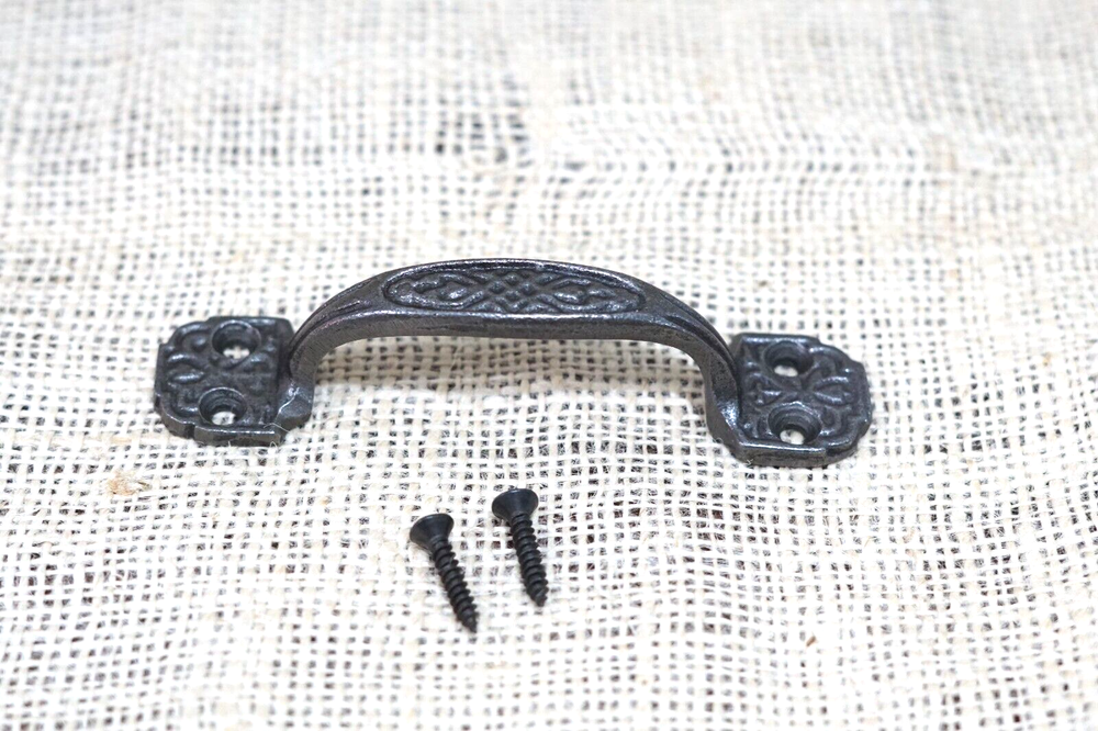 5 Small Drawer Pulls 4 1/4" Window Antique Vintage Style Ornate Rustic Cast Iron