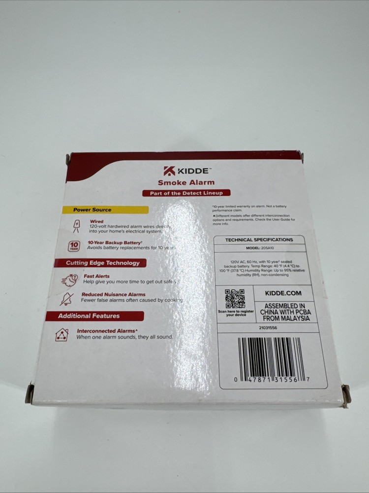Kidde 20SA10 Smoke Alarm Hardwired Interconnected Detector Sealed Box