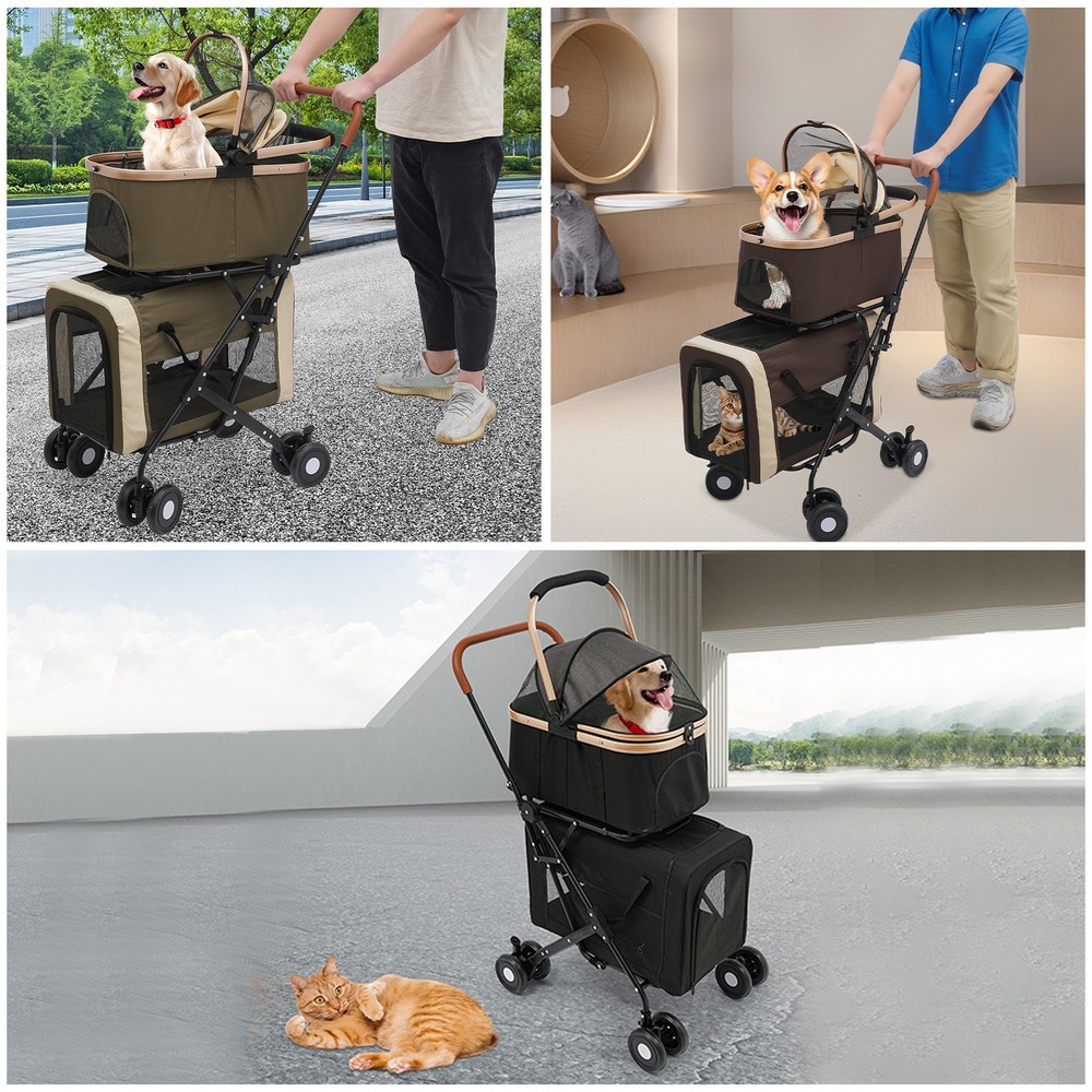 Two-Tier Pet Stroller for Dogs & Cats, 77lbs Capacity, Foldable Design