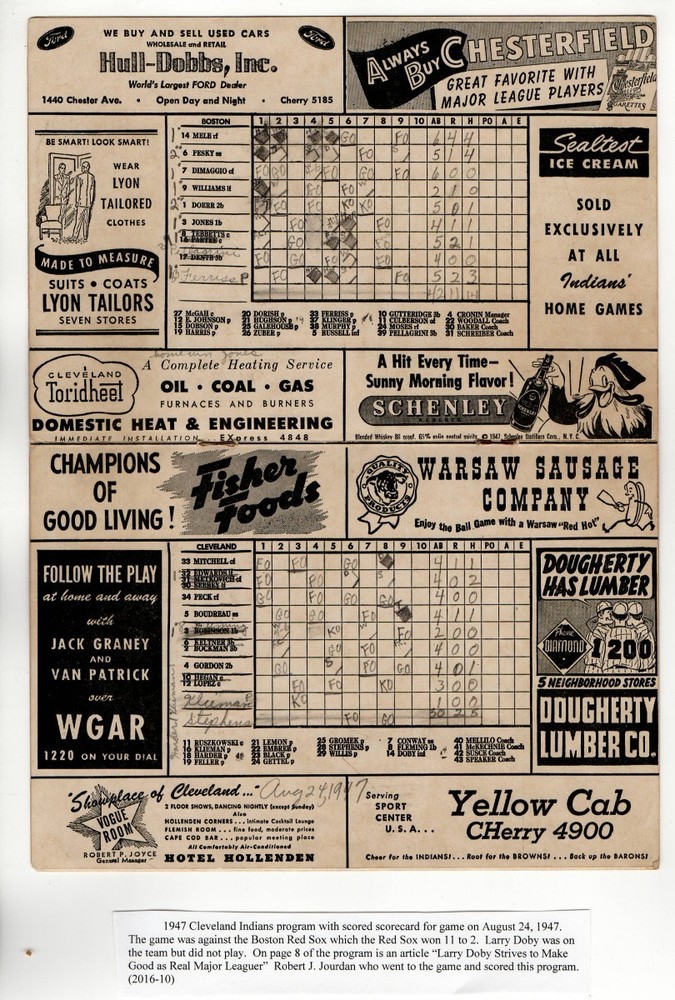 Larry Doby Vintage Program 8/25/1947 vs. Indians vs Red Sox