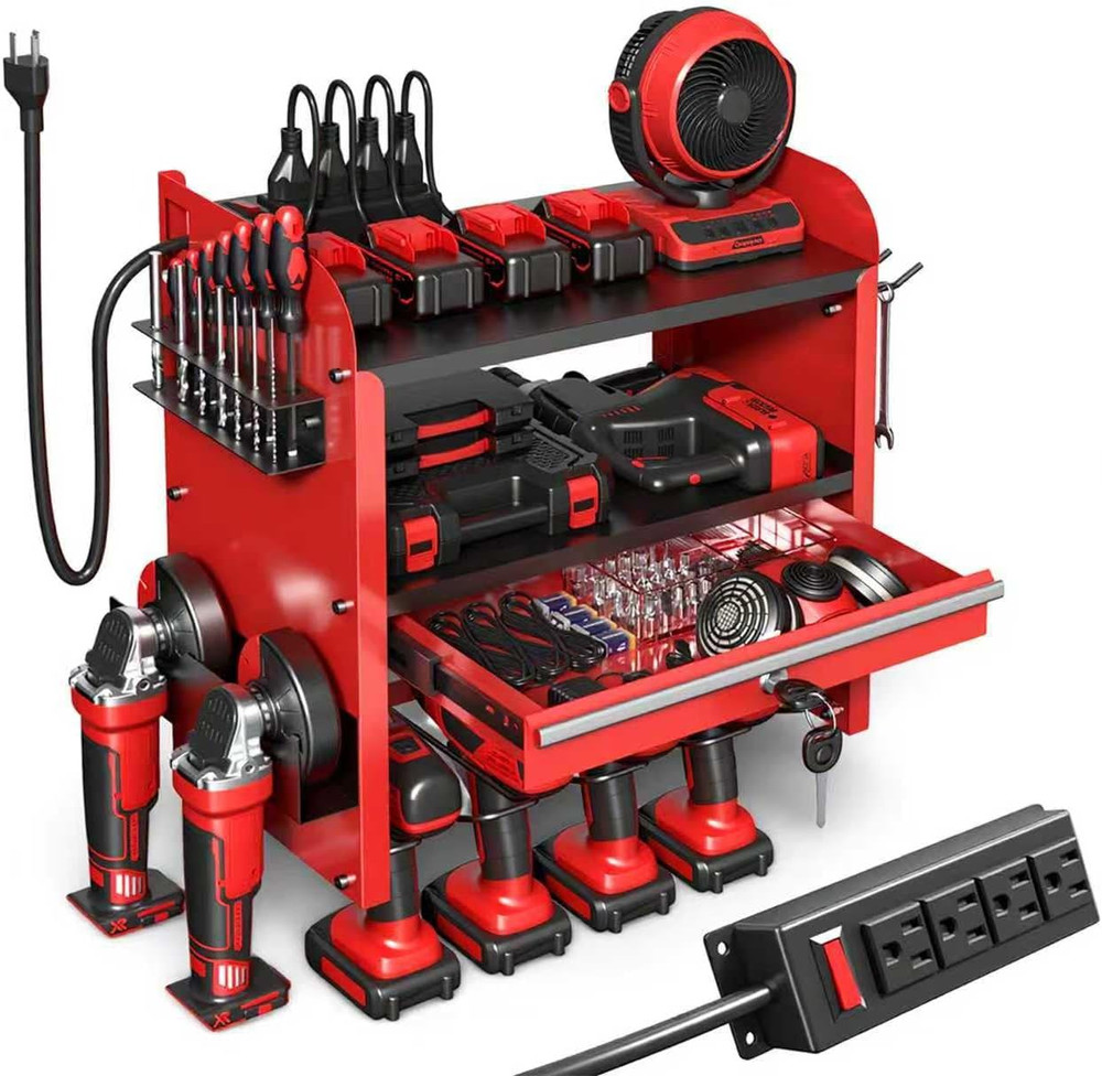 Power Tool Organizer Wall Mount with Drill Rack & Locking Drawers - Heavy Duty M