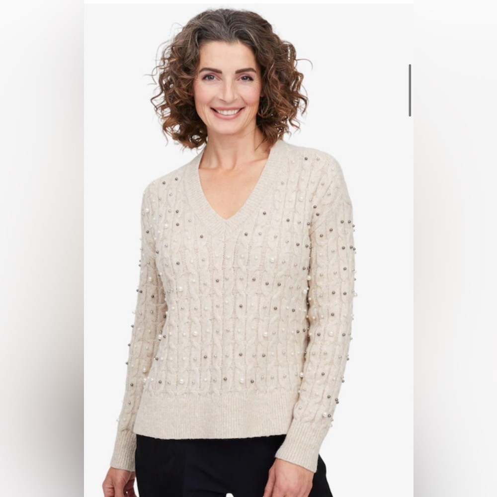 Cream Pearl-Embellished Cable V-Neck Sweater