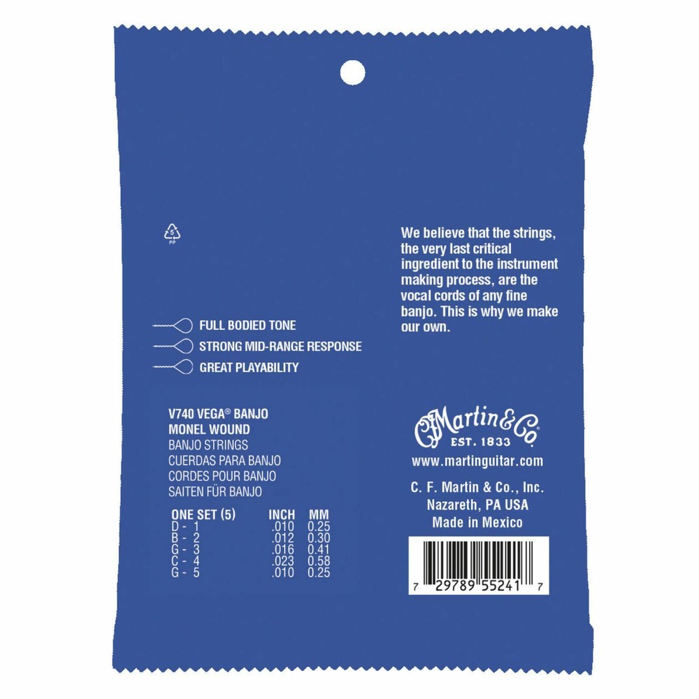 Martin V740 Vega Monel Wound 5-String Banjo Strings, Medium