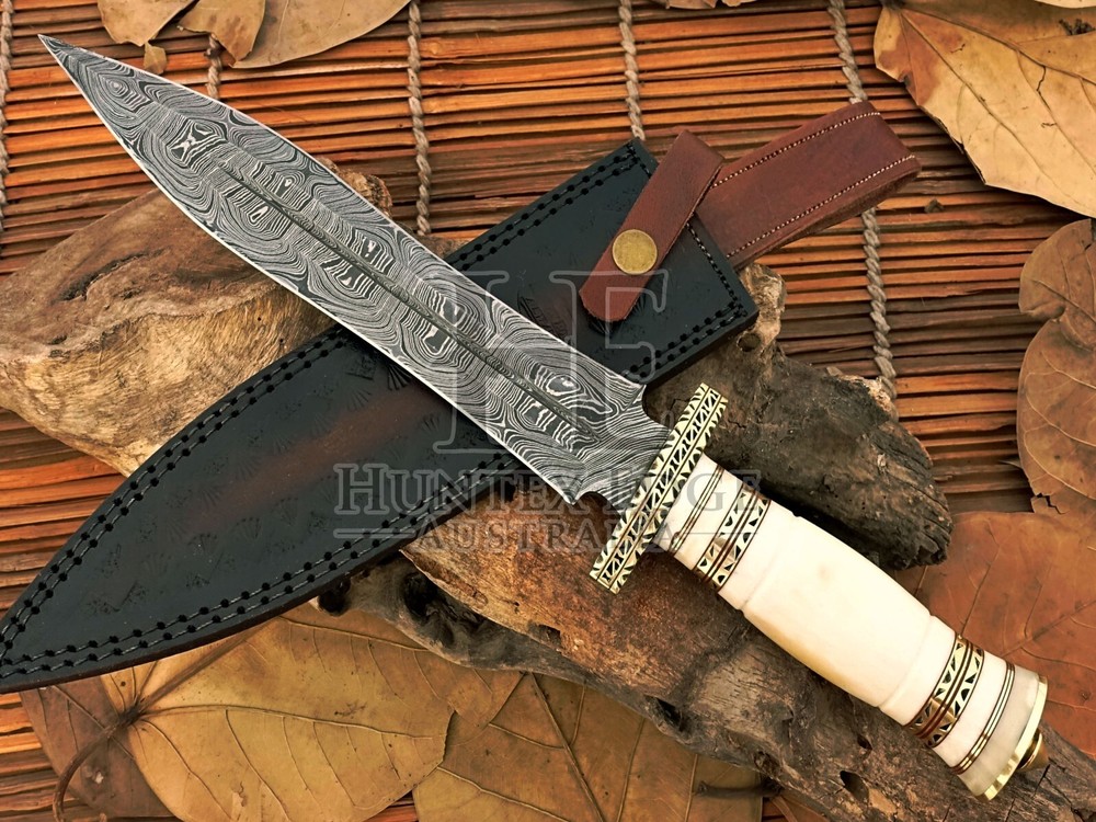 HUNTEX Handmade Damascus Blade, Camel Bone Handle, 380mm Long Exotic Boot Dagger