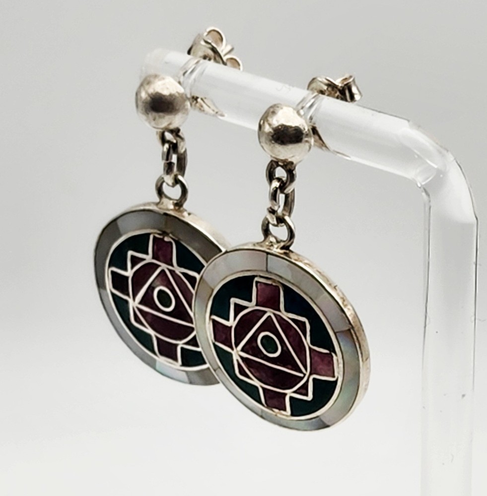 950 Silver multi stone mosaic inlay Peruvian Chakana post back earrings