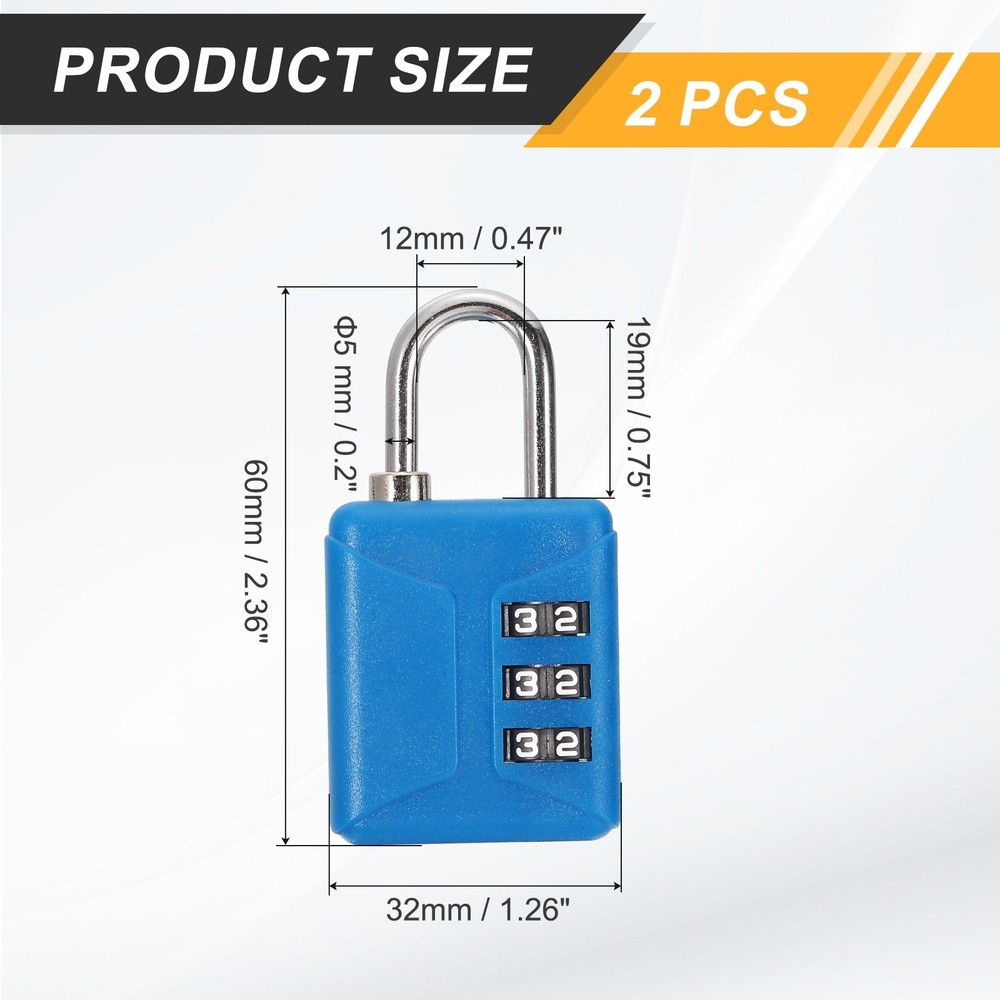 2pcs Resettable 3 Digit Plastic Combination Padlock, Blue (60 x 32mm)