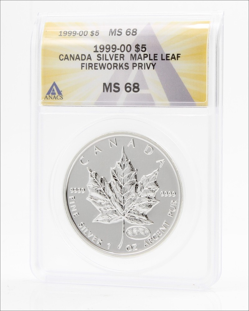 1999 - 2000 MS68 ANACS CANADA .9999 Silver Maple Leaf Coin - Fireworks Privy  -