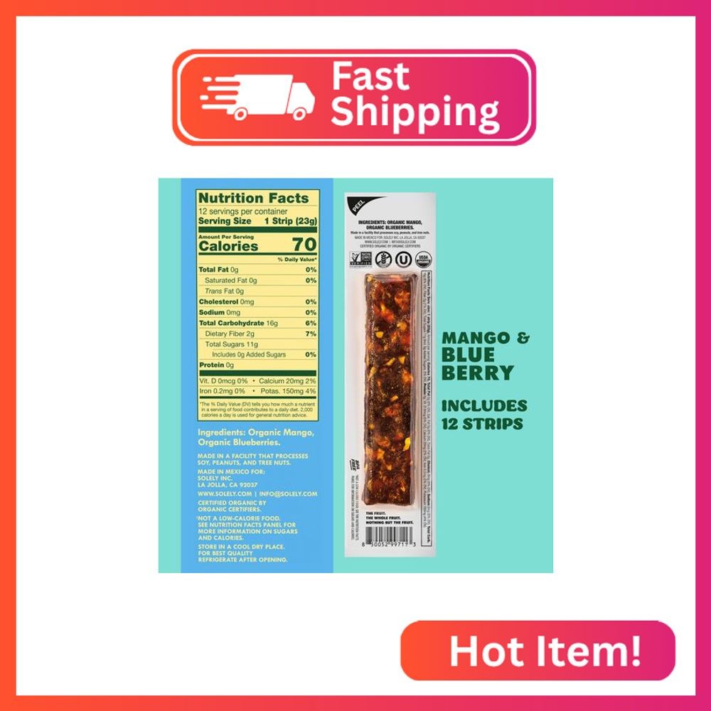 SOLELY - Organic Mango Blueberry Fruit Jerky - 12 Individually Wrapped Strips -