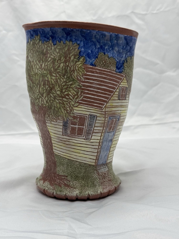8inch Earthenware Vase With House Scene Marked