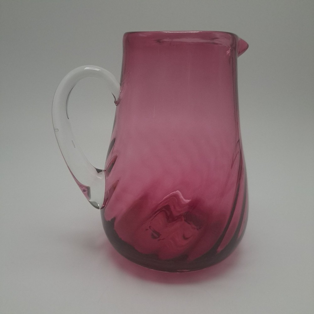 Hand Blown Pilgrim Cranberry Glass Pitcher Applied Clear Handle