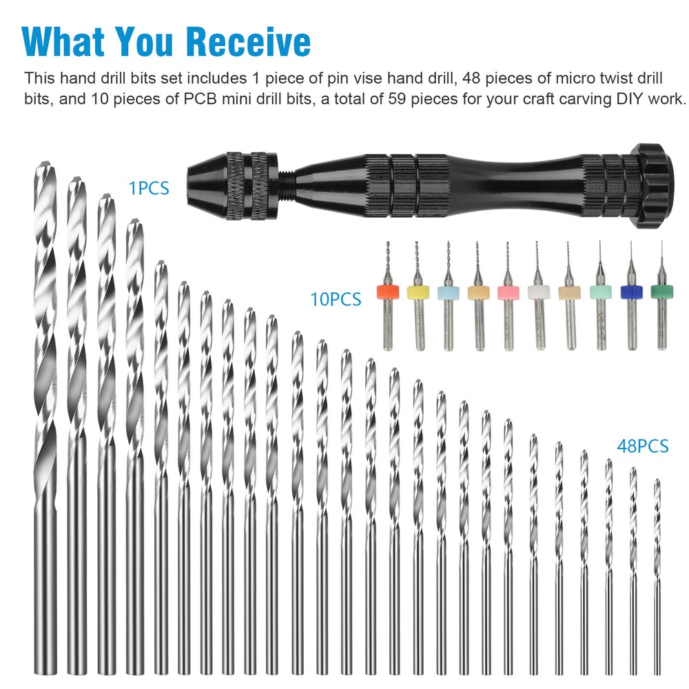 59Pcs Precision Pin Vise Mini Micro Hand Twist Drill Bits Set Rotary Tools Kit