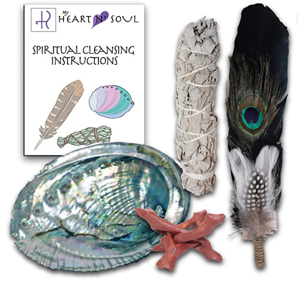 COMPLETE SMUDGE KIT ABALONE SHELL STAND SAGE BLACK FEATHER BAD ENERGY CLEARING