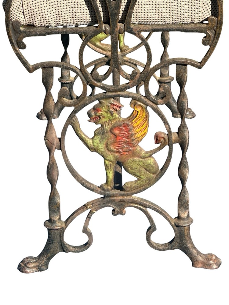 ANTIQUE ART DECO CAST IRON VANITY WINDOW BENCH WITH POLYCHROME GRIFFIN ELEMENTS