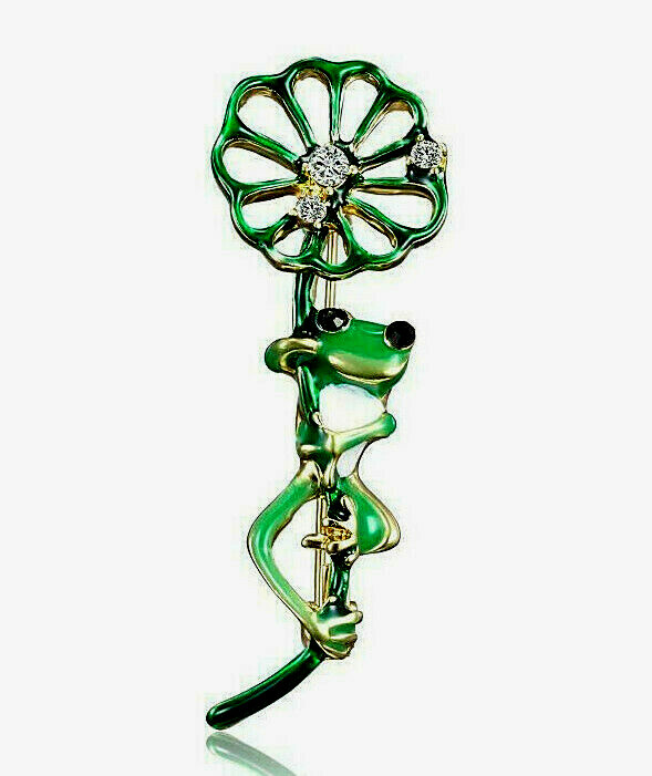 Adorable Tree FROG Lilly Pad LEAF Enamel Rhinestone Green Brooch