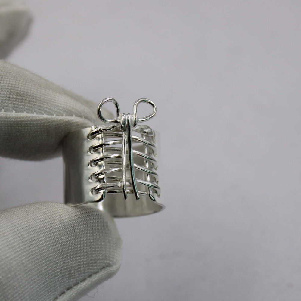 Solid 925 Sterling Silver Wire Wrap Ribcage Bow Ring Wide Band Handmade For Her