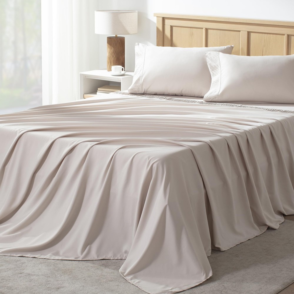 Andency King Size Sheets Set 4 Piece, Oatmeal Super Soft Microfiber Deep Pocket