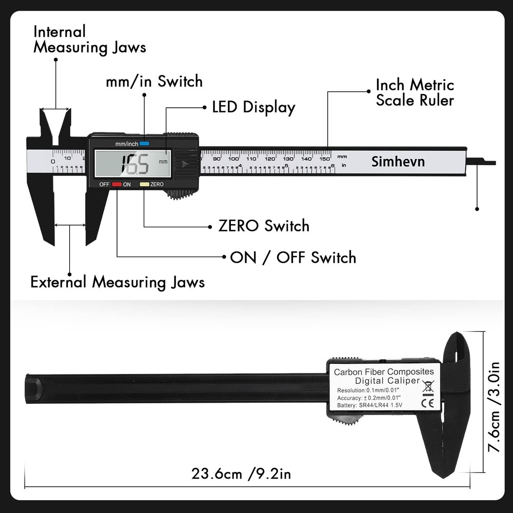 Simhevn Digital Caliper - Inch/MM Conversion, LCD Screen, 0-6" / 0-150mm