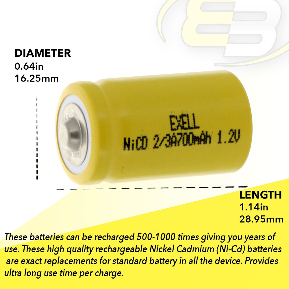Exell 2/3A Size 1.2V 700mAh NiCD Button Top Rechargeable Battery