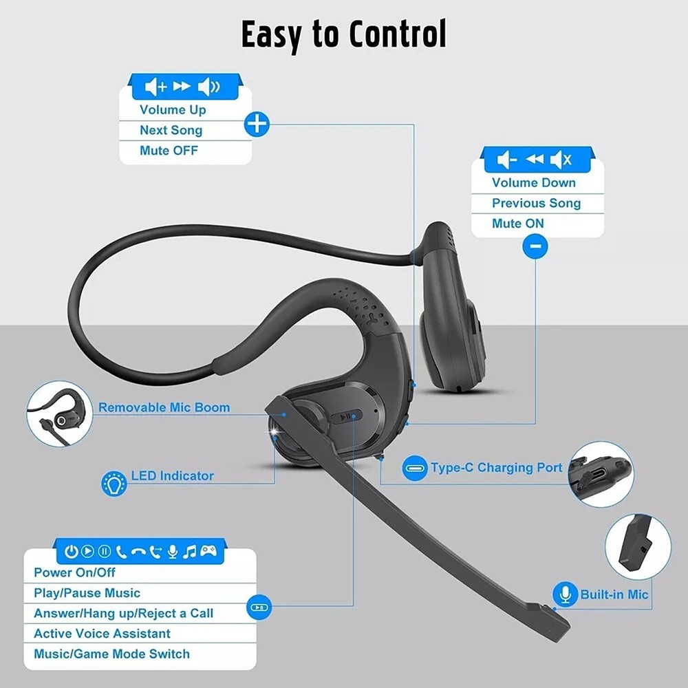 Open Ear Bone Conduction Bluetooth 5.3 Wireless Headphones With Detachable Mic