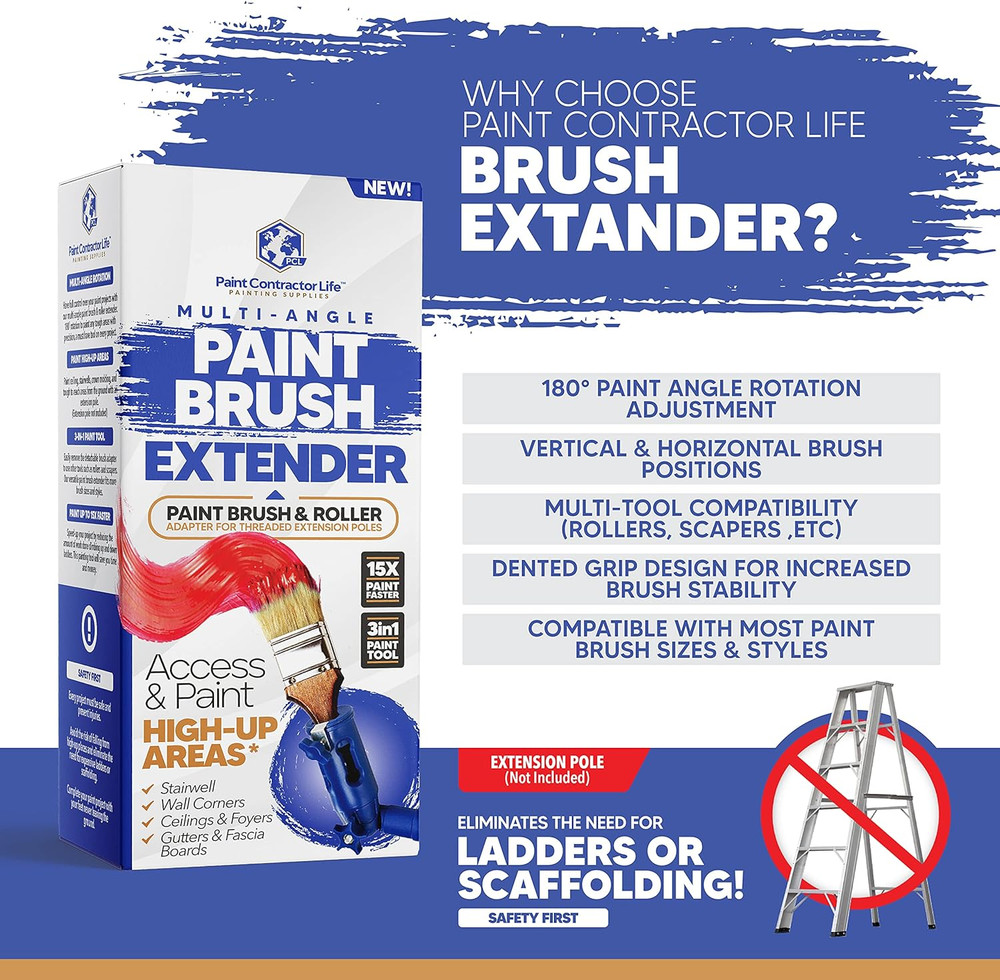 Multi-Angle Paint Brush Extender - Extension Pole Attachment Holder for Paint Br
