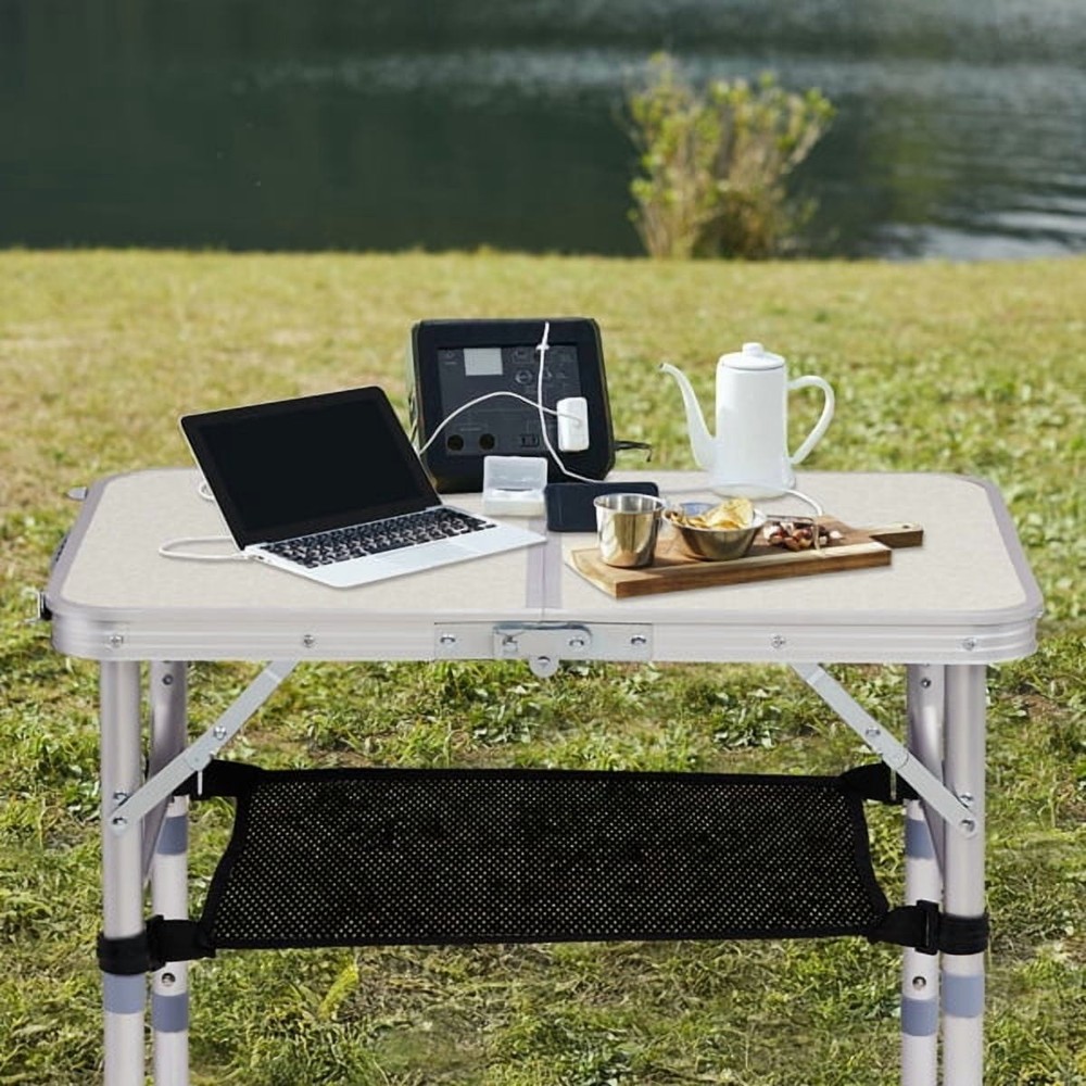 White Folding Camping Table W/ 3 Adjustable Heights & Mesh Shelf 110lb Capacity