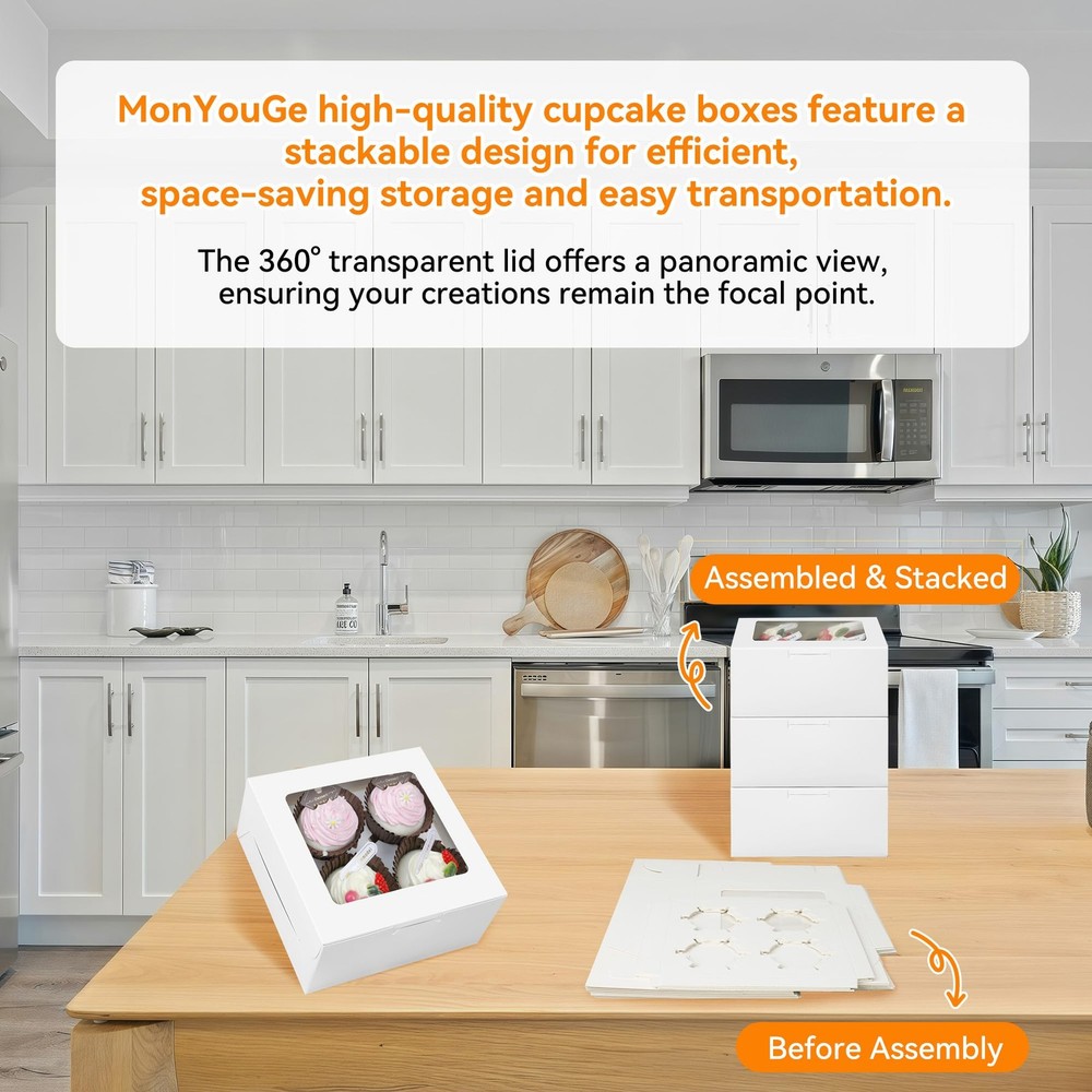 MonYouGe 30-Set Cupcake Boxes Bulk with Clear Display Window Hold 4 Standard ...