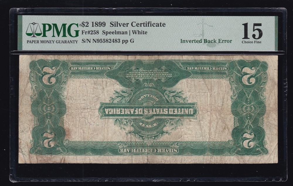 US 1899 $2 Silver Certificate INVERTED BACK ERROR FR 258 PMG 15 (483)