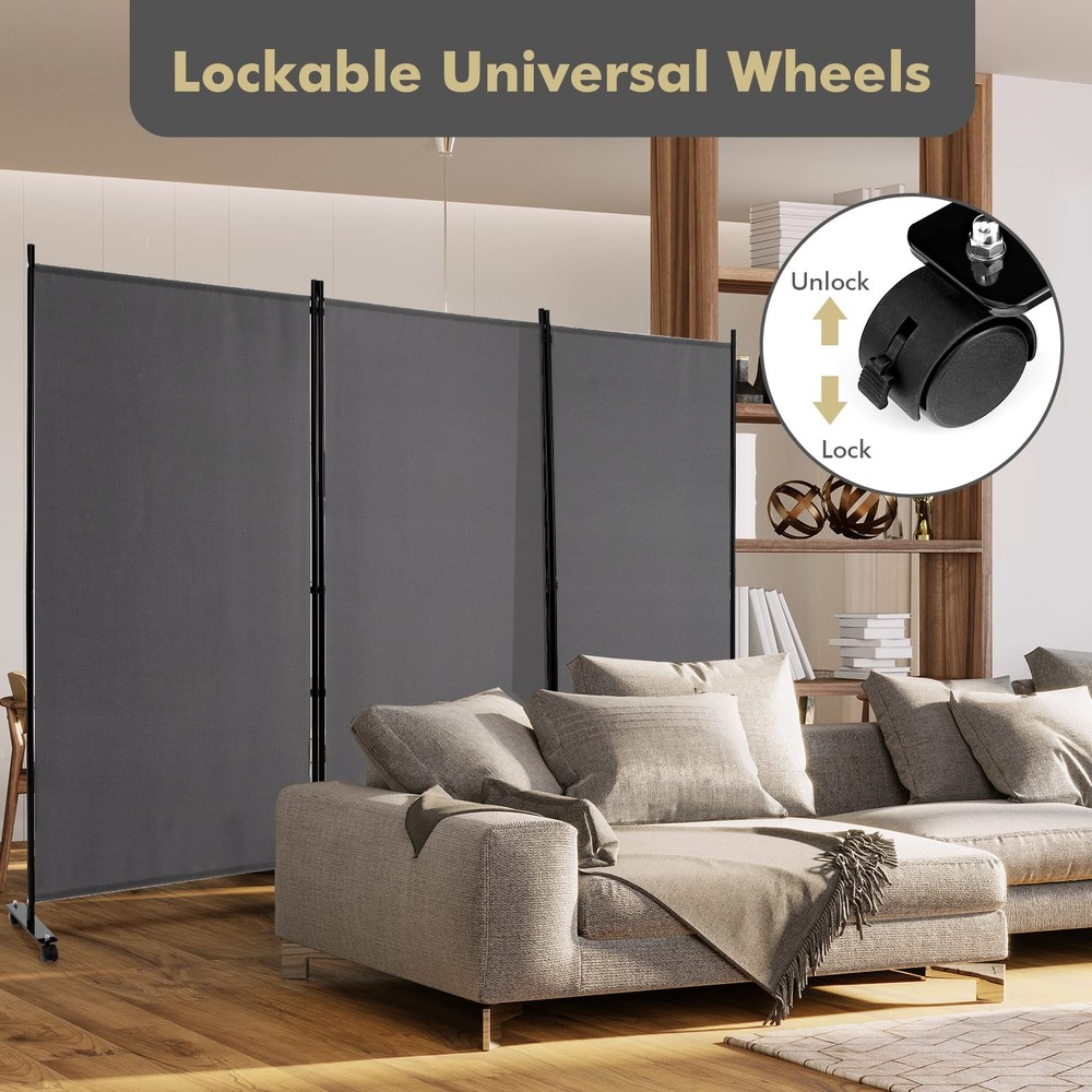 3 Panel Room Divider with Wheels, 103''W x 71''H Folding Privacy Screen, Roll...