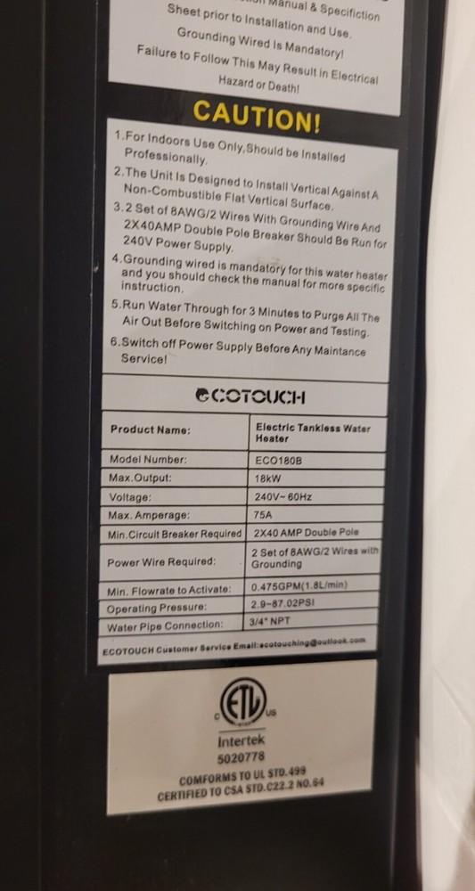 COTOUCH Electric Tankless Water Heater ECO180B 18kW Max Amp 75 Free Shipping!!