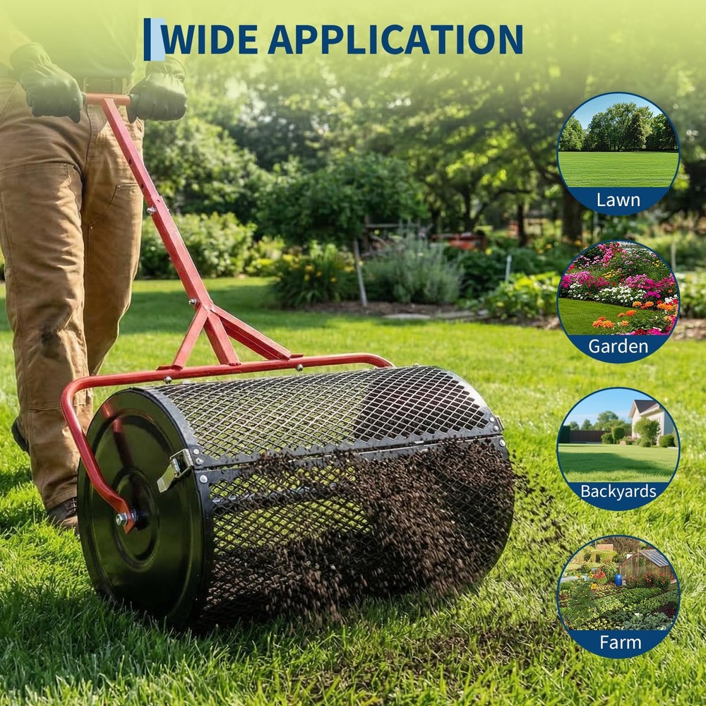 Compost Spreader, 24'' Peat Moss Spreader w/T Shaped Handle, 3 Height Adjustable