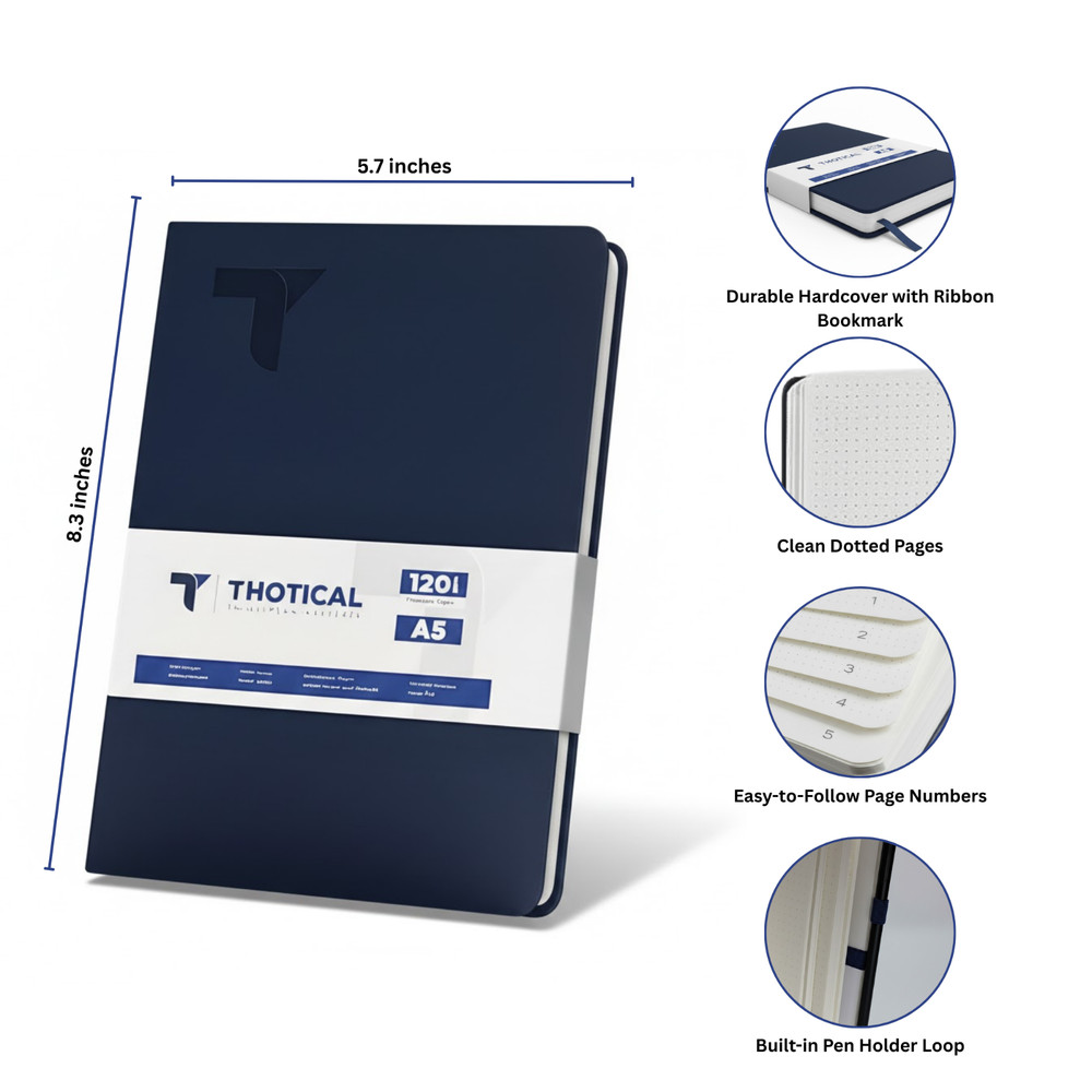 Thotical A5 Dot Grid Journal Hard Cover, Navy Blue - 192 Pages