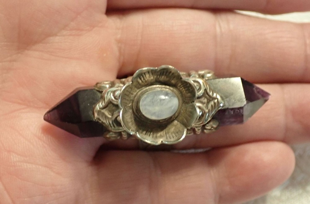 Purple Fluorite double point Ring with Moonstone adjustable