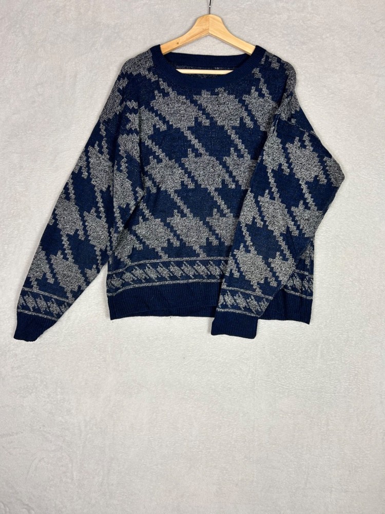 Unbranded, Men's Blue + Grey Patterned Round Neck Pullover Jumper, One Size