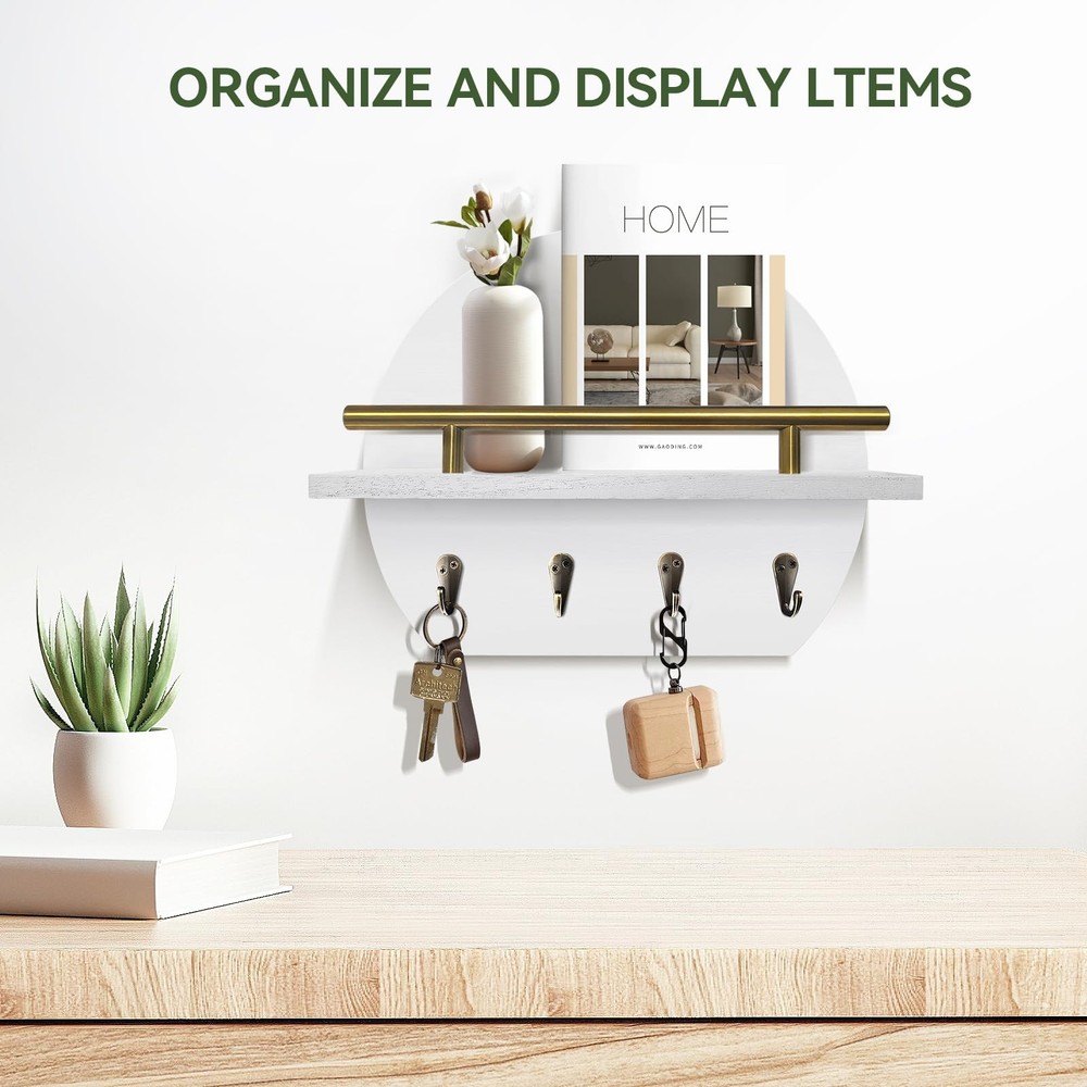 Wall Mount Key Holder Mail Organizer Shelf 4 Hooks Semicircle Rustic Decor