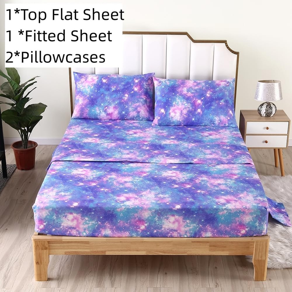 SDIII 4PCS Colorful Galaxy Queen Sheets Set Soft Microfiber Space Sheets Quee...