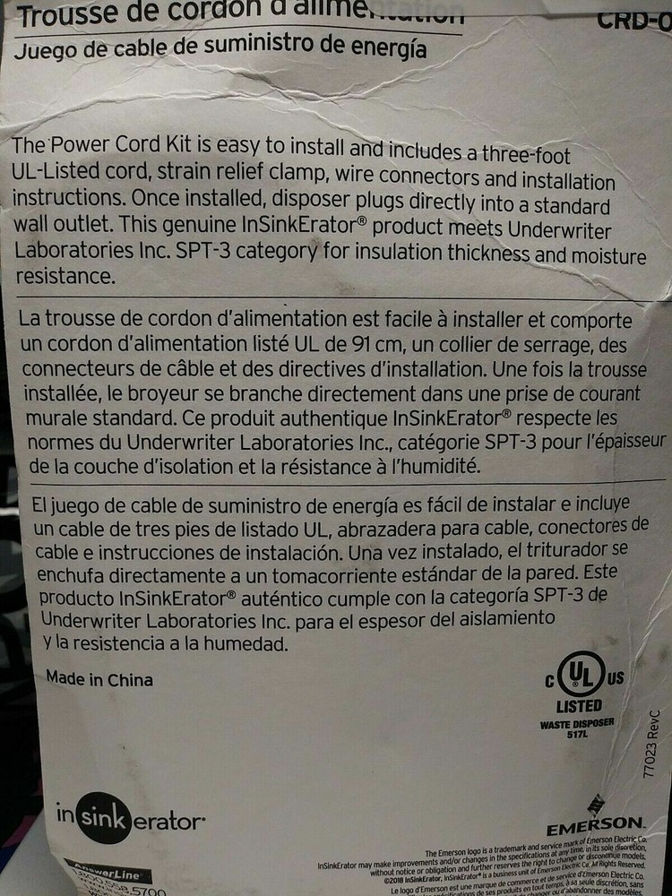 Garbage Disposal Power Cord Kit For Insinkerator CRD-OO