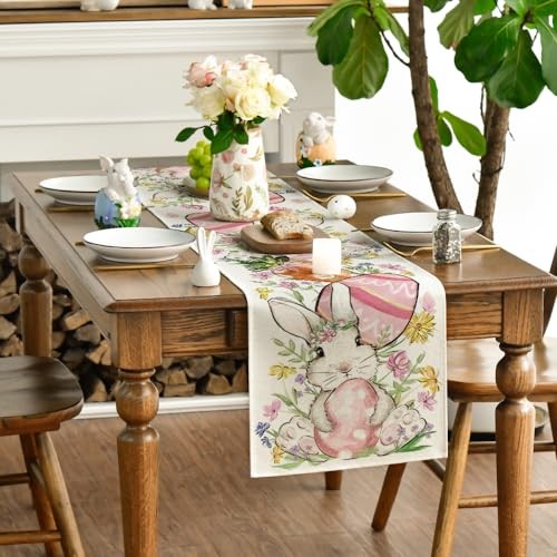 Bunny Rabbit Egg Flower Easter Table Runner, 13" x 72", Table Runner Beige