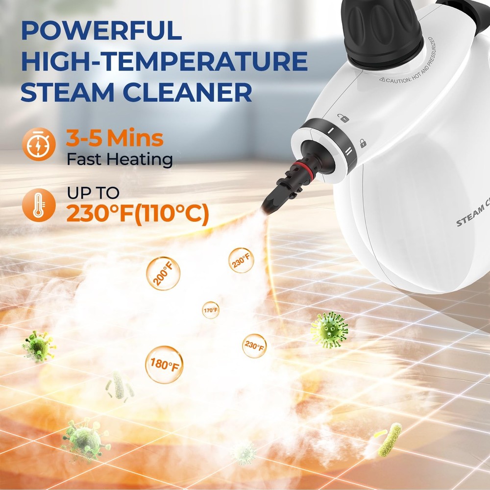 Steam Cleaner, Pressurized Handheld 13pcs Multi-Purpose Natural Deep Cleaning...