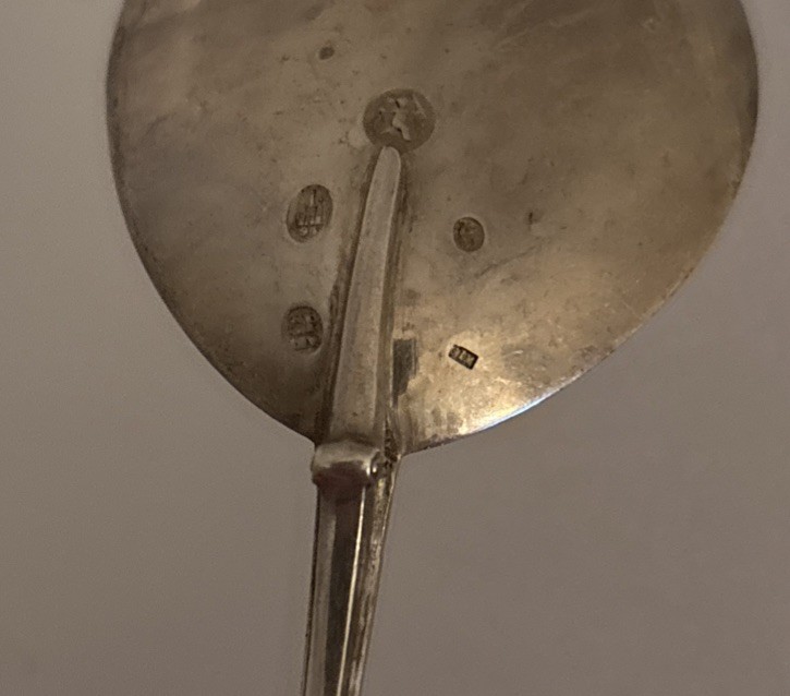 Antique Denmark Simon Groth Silver Serving Spoon Moinichen Devil Mask Handle
