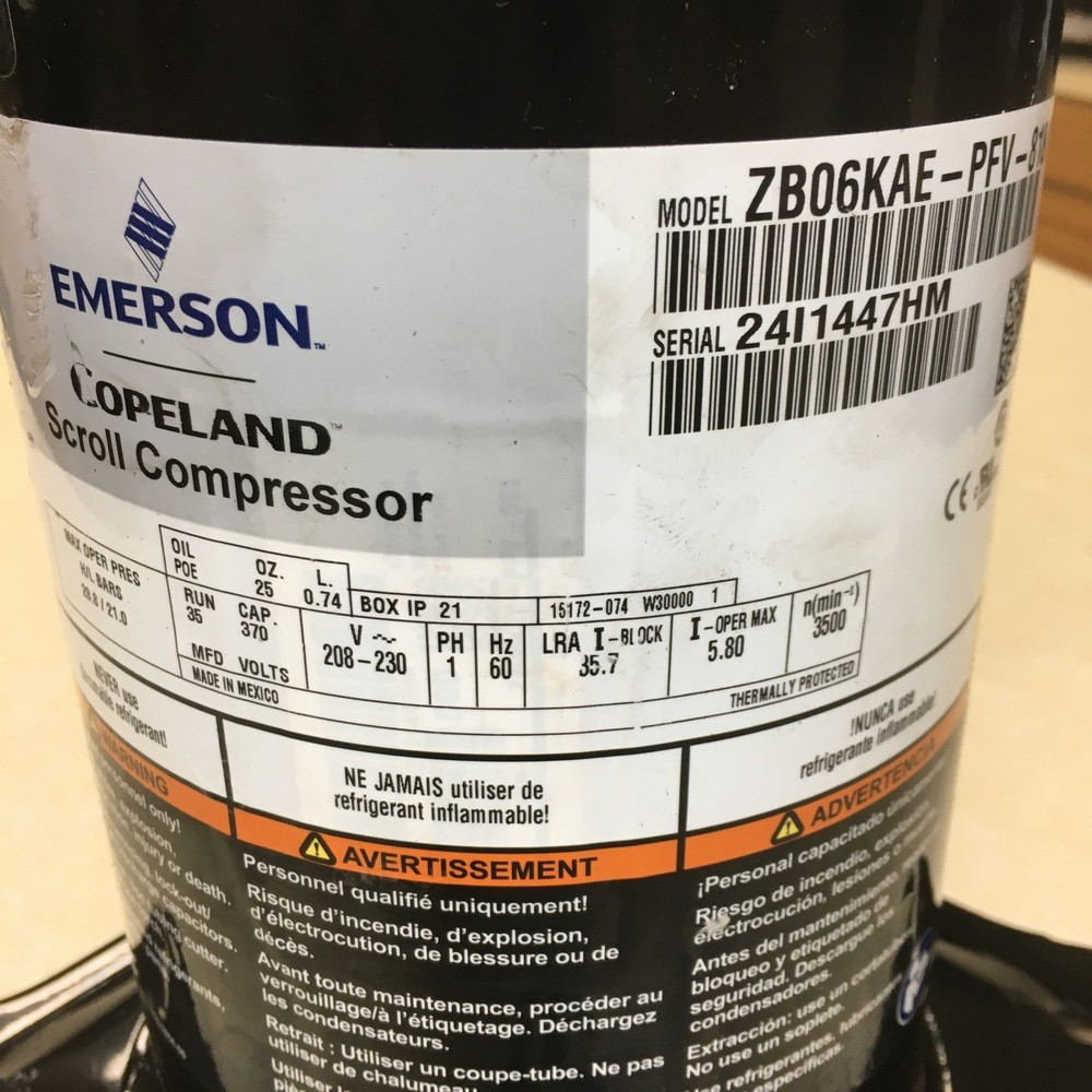 Emerson Copeland ZB06KAE Scroll Compressor 208/230V 1Ph