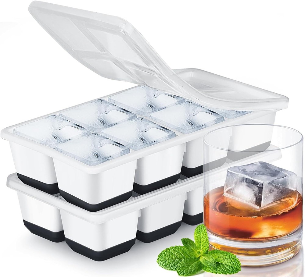 Large Ice Cube Trays with Lid, Jrisbo 2 Pack Stackable Silicone Ice Cube Molds f