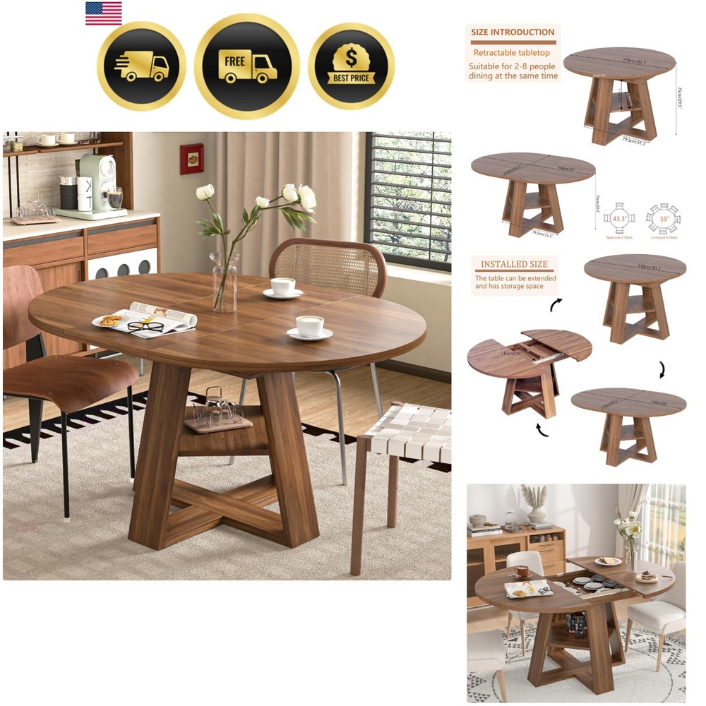 Modern Walnut Dining Table with Removable Leaves for 4-8 - Space Saving Design