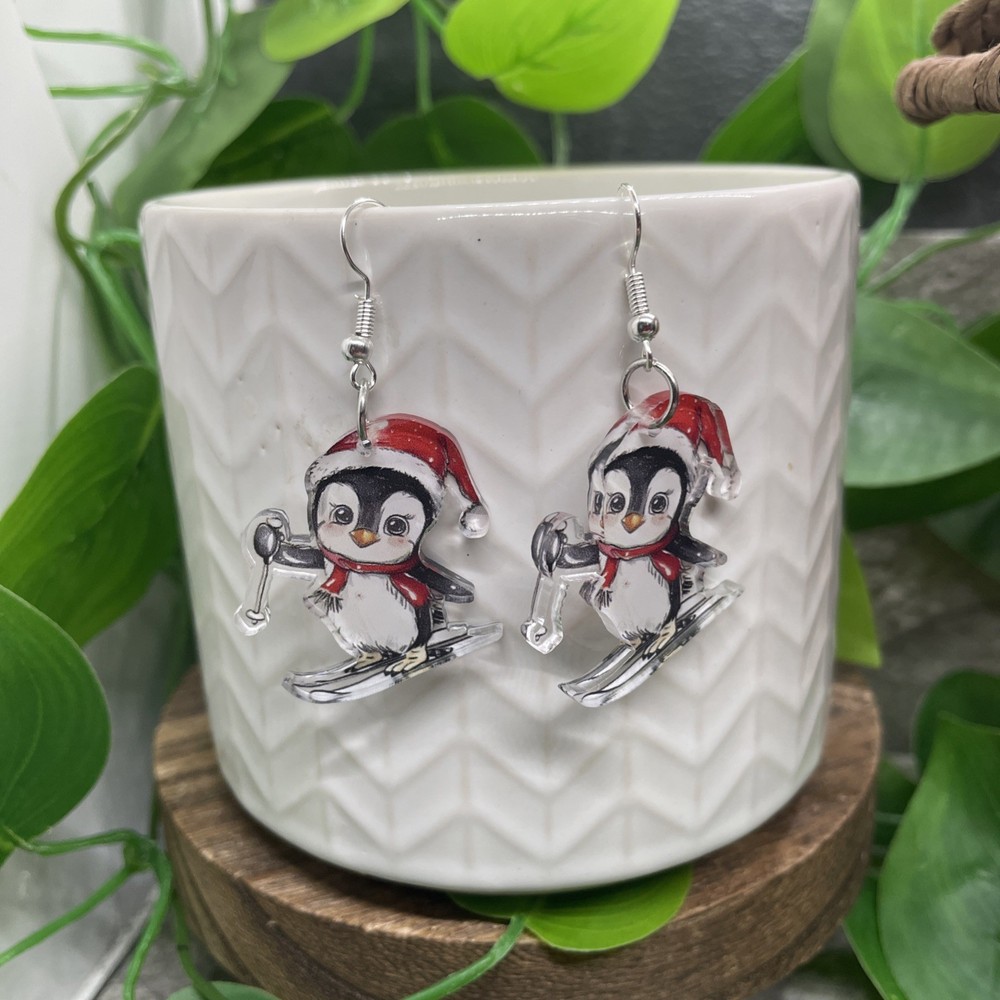 2” Silver-tone Acrylic Dangle Earring Set New Free Ship Penguin Skiing  B8963