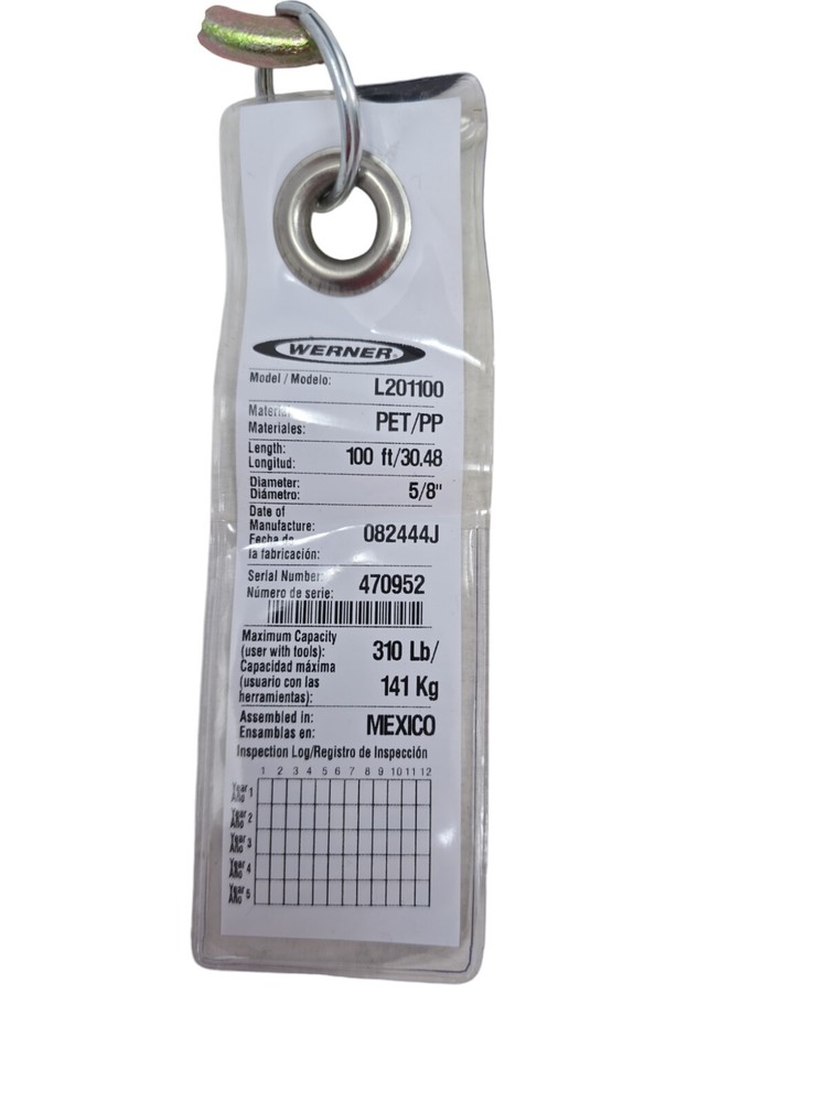 Werner L201100 100ft 5/8" Poly-DAC Vertical Lifeline Rope w/ Snap Hook New