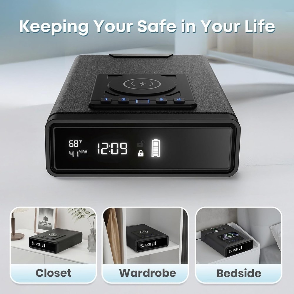 Biometric handgun safe: 3 unlocking methods, wireless charging.