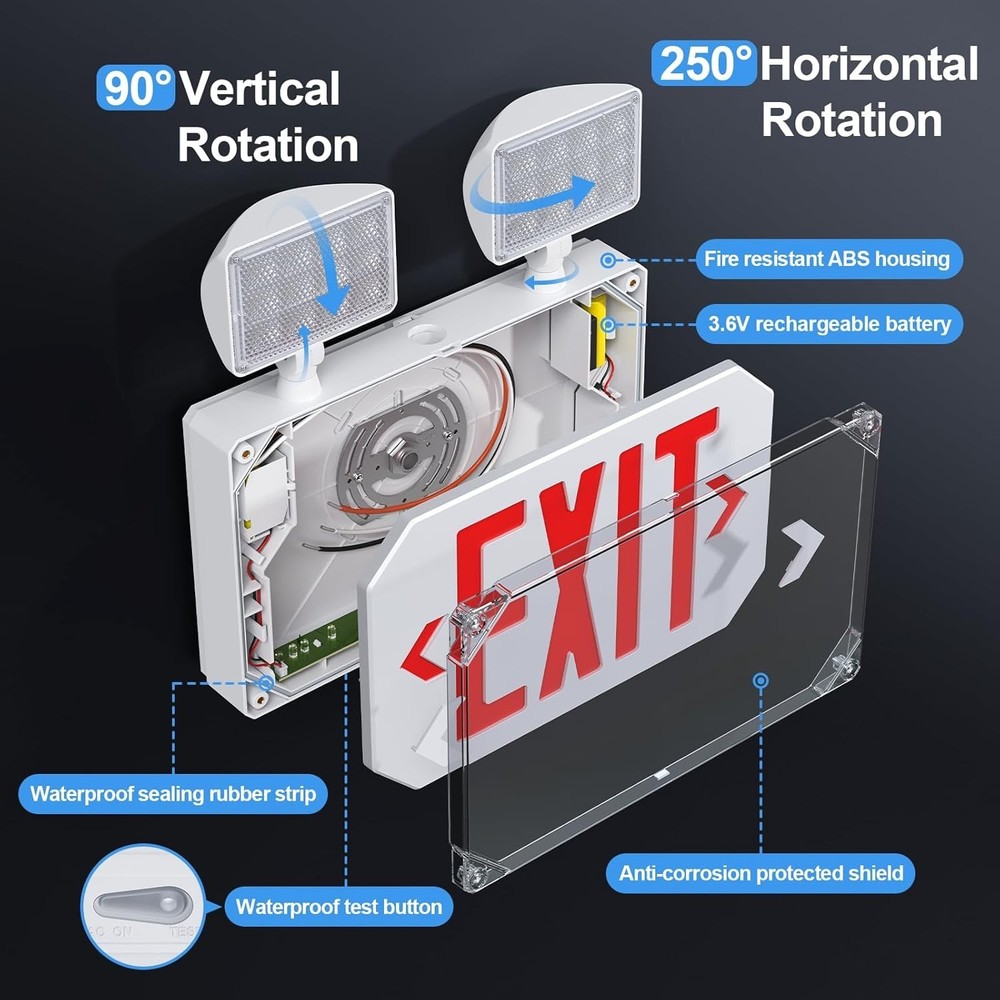 Wet Location Emergency Exit Sign Adjustable Light Battery Double Sided LED NOB