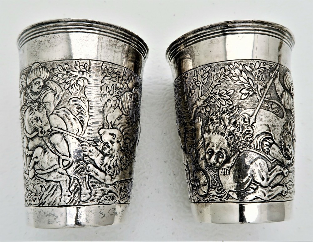 8 German Hanau Solid Silver Cup Turkish Islamic Lion Hunting Schleissner