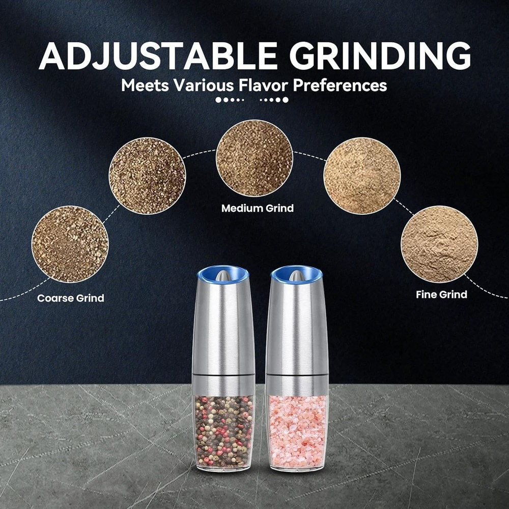 Gravity Electric Salt & Pepper Grinder Set 2 Pack Battery Powered LED - Silver.