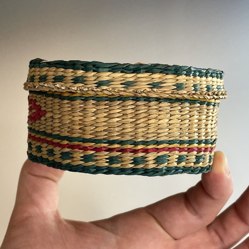 Small Vintage Polychrome Sweetgrass Octagonal Basket Woven Box